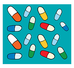 Image showing Texture of colorfull pills on blue background and white frame ve