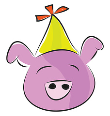 Image showing Pink pig with yellow party hat vector illustration on white back