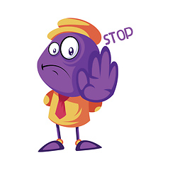 Image showing Purple creature holding hand and saying Stop vector illustration