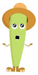 Image showing Cartoon funny surprised green monster in a brown summer hat, vec