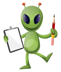 Image showing Alien with pencil and notebook, illustration, vector on white ba