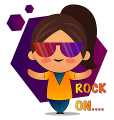 Image showing Girl with brown ponytail and colorful sunglasses says rock on, i