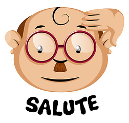 Image showing Funny human emoji with a salute symbol and letters, illustration