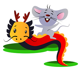 Image showing Cartoon chinese mouse and dragon vector illustartion on white ba