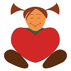 Image showing A little girl holds a big red-colored heart vector or color illu