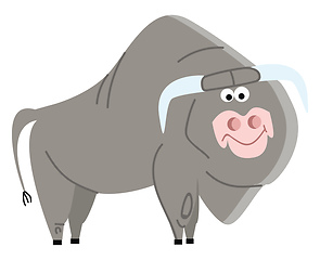 Image showing A big bull with long horns with smiling eyes and a broad closed 