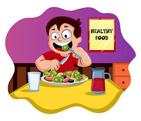 Image showing Happy boy eating healthy food illustration vector on white backg