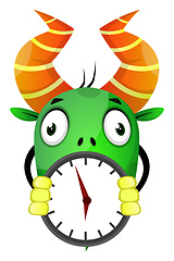 Image showing The monster with horn holding a wall clock, illustration, vector