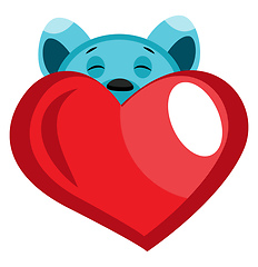 Image showing Blue bear peeking behind red heart illustration vector on white 