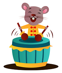 Image showing Cartoon chinese mouse playing drums vector illustration on white