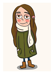 Image showing Cute smiling girl with long brown hair in a long green coat and 