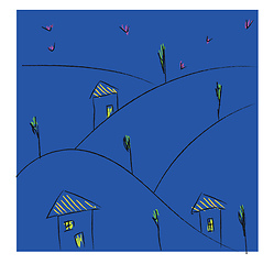 Image showing Line art of a village in the night over blue background vector o
