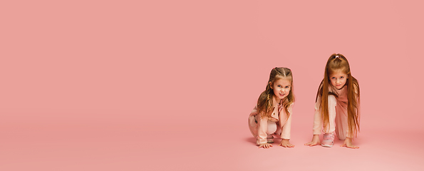 Image showing Happy kids, girls isolated on coral pink studio background. Look happy, cheerful, sincere. Copyspace. Childhood, education, emotions concept