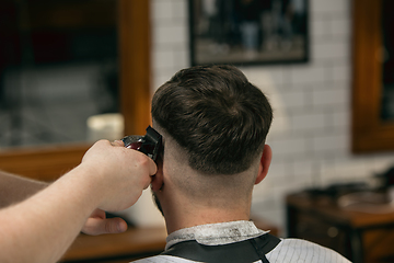 Image showing Close up of client of master barber, stylist during getting care