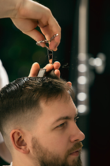 Image showing Close up of client of master barber, stylist during getting care of hairstyle. Professional occupation, male beauty concept