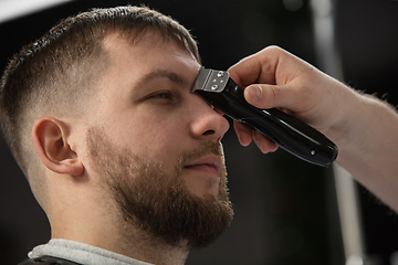 Image showing Close up of client of master barber, stylist during getting care of hairstyle. Professional occupation, male beauty concept