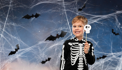 Image showing boy in halloween costume of skeleton making faces