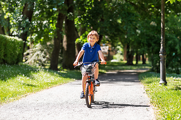 Image showing happy little boy riding bicycle at summer park