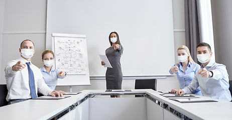 Image showing businesspeople in masks pointing finger at you