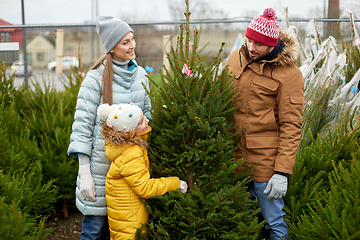 Image showing happy family choosing christmas tree at market