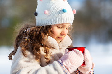 Image showing little girl with cup of hot tea in winter park