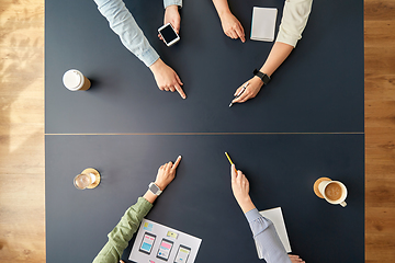 Image showing business team pointing fingers to office table