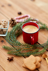 Image showing cup of eggnog, fir branches, gingerbread and sugar