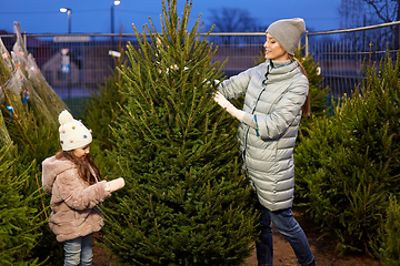 Image showing happy family choosing christmas tree at market