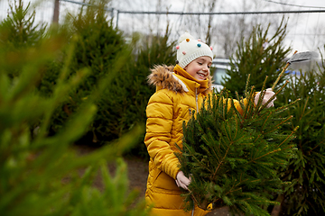 Image showing little girl choosing christmas tree at market