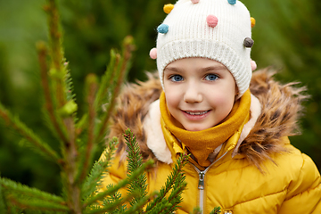 Image showing little girl choosing christmas tree at market