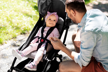 Image showing happy father with child in stroller at summer park