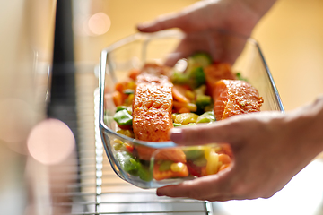 Image showing woman cooking food in oven at home kitchen