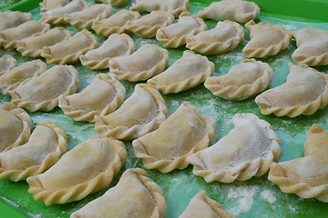 Image showing Uncooked dumplings on a green kitchen tray with flour