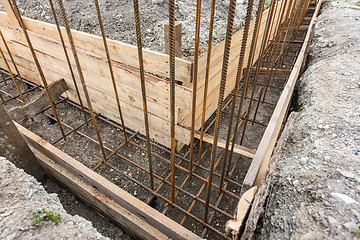 Image showing The angle of the strip foundation in preparation for concreting and reinforcement during the construction of a house