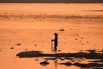 Image showing Asian Woman fishing in the river, silhouette at sunset