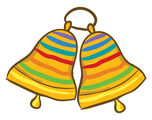 Image showing Painting of two ringing golden bells with multi-colored bands de