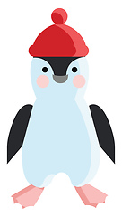 Image showing A baby penguin wearing a red warm pompom hat vector color drawin