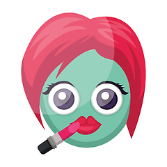 Image showing Round blue female emoji face putting on lipstick vector illustra