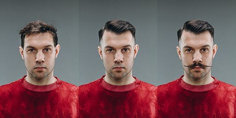 Image showing Collage of man before and after visiting barbershop, delighted client with difference haircut, mustache, beard