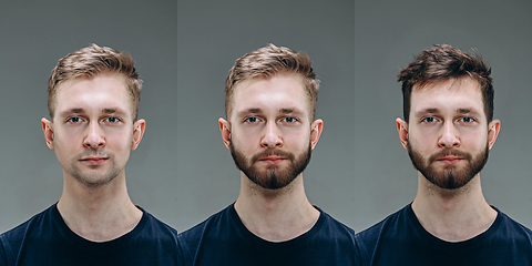 Image showing Collage of man before and after visiting barbershop, delighted client with difference haircut, mustache, beard