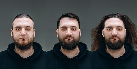 Image showing Collage of man before and after visiting barbershop, delighted client with difference haircut, mustache, beard