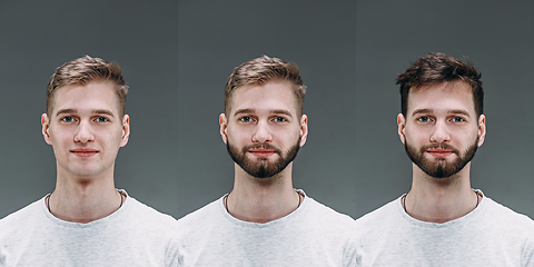 Image showing Collage of man before and after visiting barbershop, delighted client with difference haircut, mustache, beard