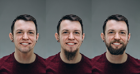 Image showing Collage of man before and after visiting barbershop, delighted client with difference haircut, mustache, beard