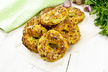 Image showing Bagels curd and cheese on wooden board