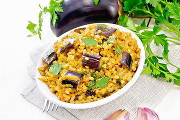 Image showing Bulgur with eggplant in bowl on table