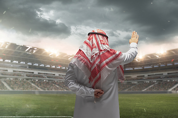 Image showing Arabian businessman back view standing on his stadium during sport match