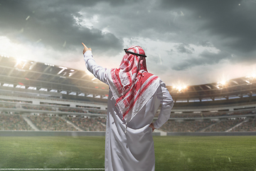 Image showing Arabian businessman back view standing on his stadium during sport match