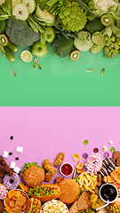 Image showing Fast and healthy food compared on pink-green background. Unhealthy set including burgers, sauces, french fries in comparison with vegetables, fruits, organic food