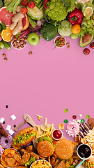 Image showing Fast and healthy food compared on pink background. Unhealthy set including burgers, sauces, french fries in comparison with vegetables, fruits, organic food