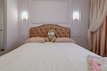 Image showing Beige and brown modern bedroom interior with double bed